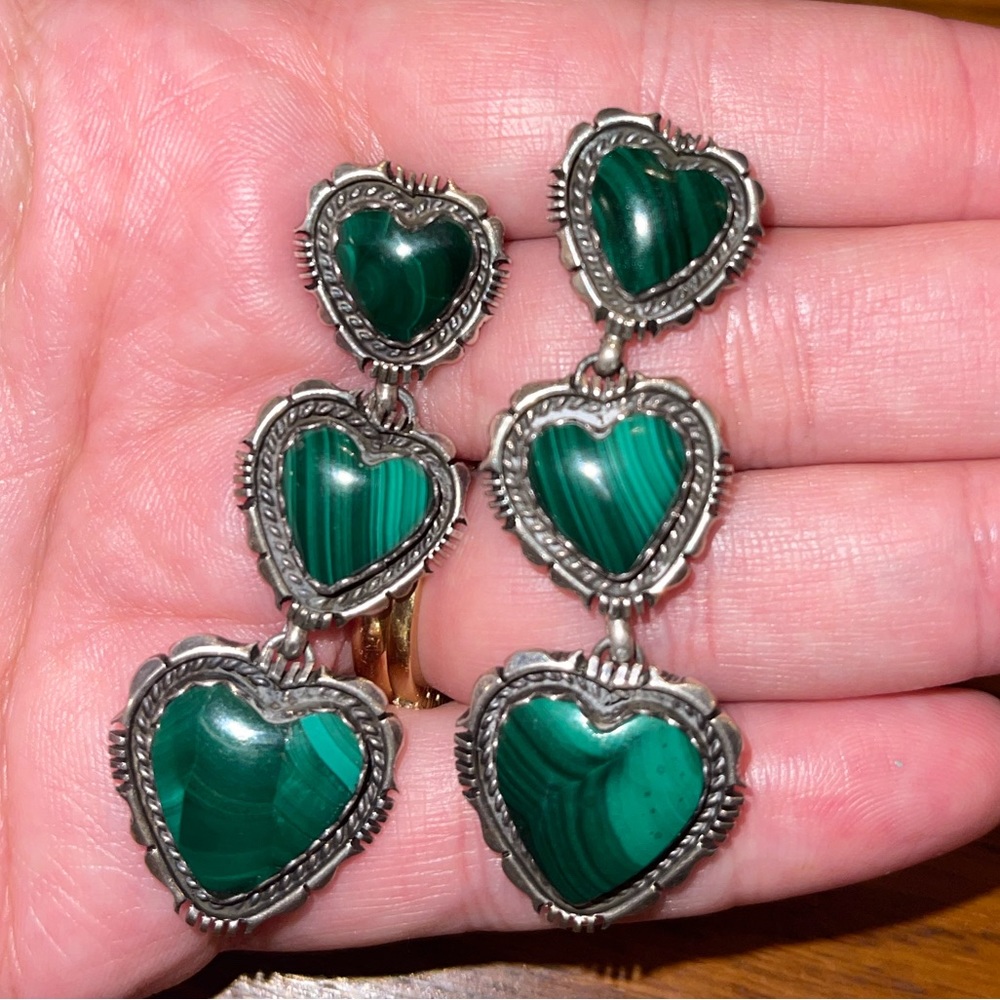 Rare Superb Quality Elouise Kee Malachite Sterling Silver Heart Earrings